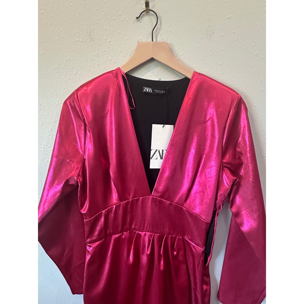 Zara Metallic Mini Dress Womens Small Pink V-Neck Long Sleeve Party Glam (Flaw) - Picture 13 of 16